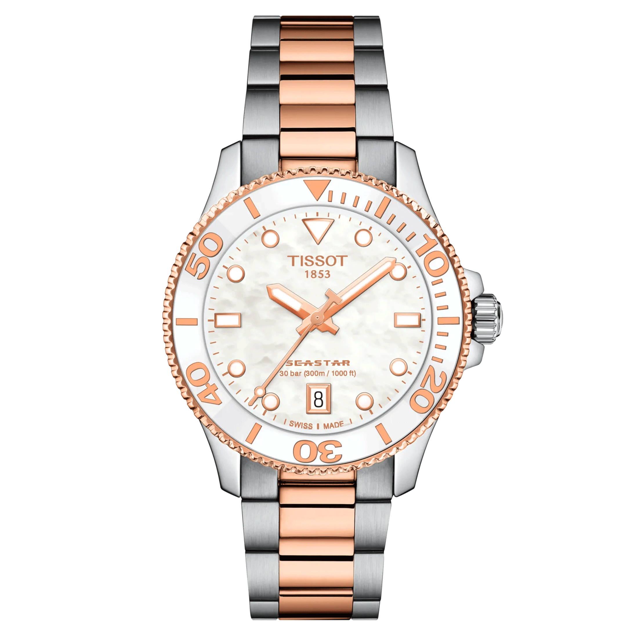 Tissot T-Sport Seastar 1000 PVD Rose Gold quartz watch white mother-of-pearl dial steel bracelet pvd rose gold 36 mm T120.210.22