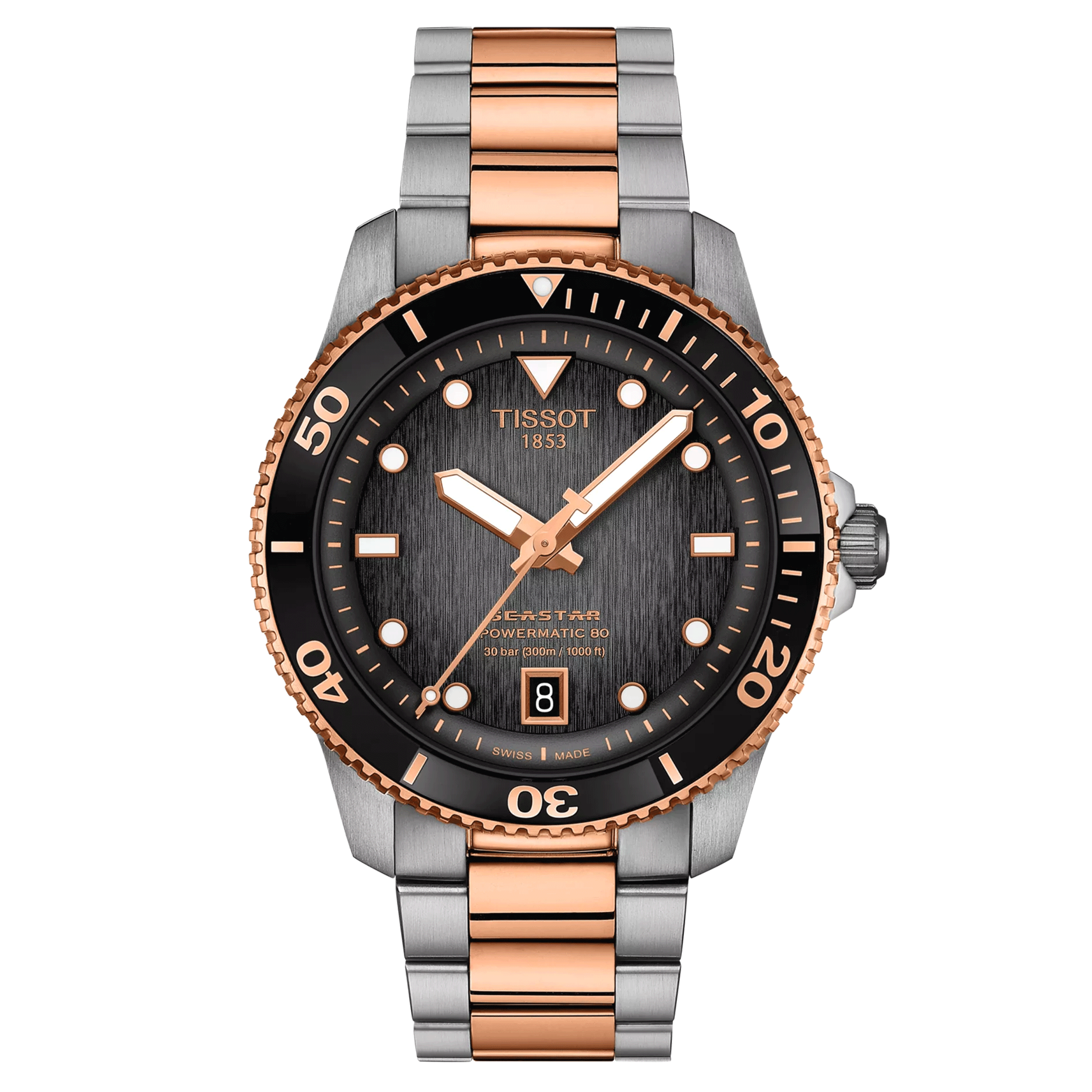 Tissot Seastar 1000 PVD Rose Gold Powermatic 80 Watch grey dial steel bracelet 40 mm T120.807.22.051.01