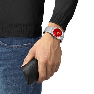 Tissot PRX quartz watch red dial steel bracelet 40 mm T137.410.11.421.00