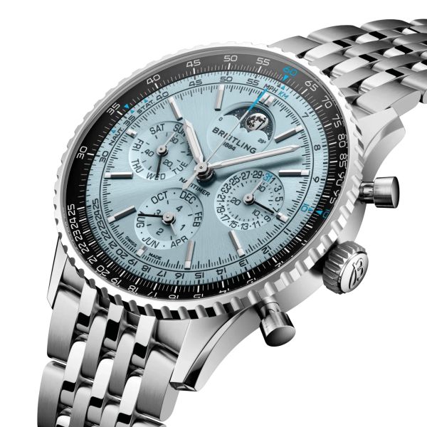 Montre Breitling Navitimer B19 Chronograph 43 Perpetual Calendar automatique cadran bleu glacier bracelet acier43 mm