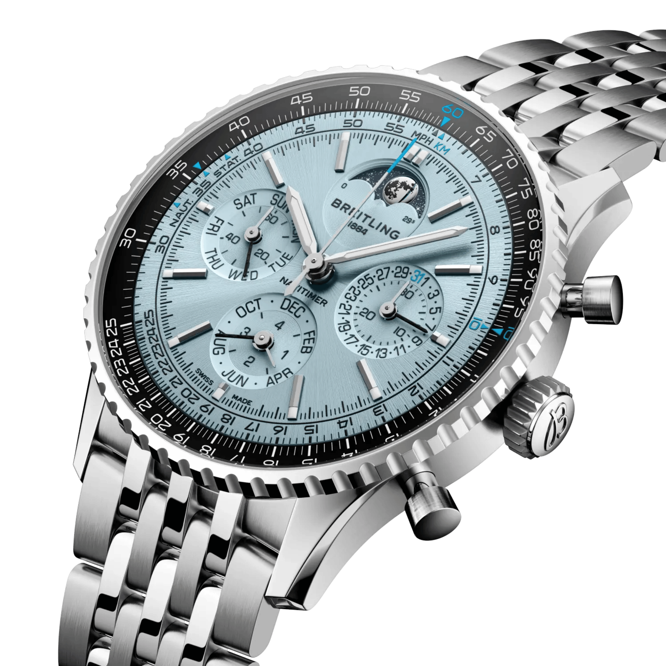 Breitling Navitimer B19 Chronograph 43 Perpetual Calendar automatic ice blue dial steel bracelet 43 mm