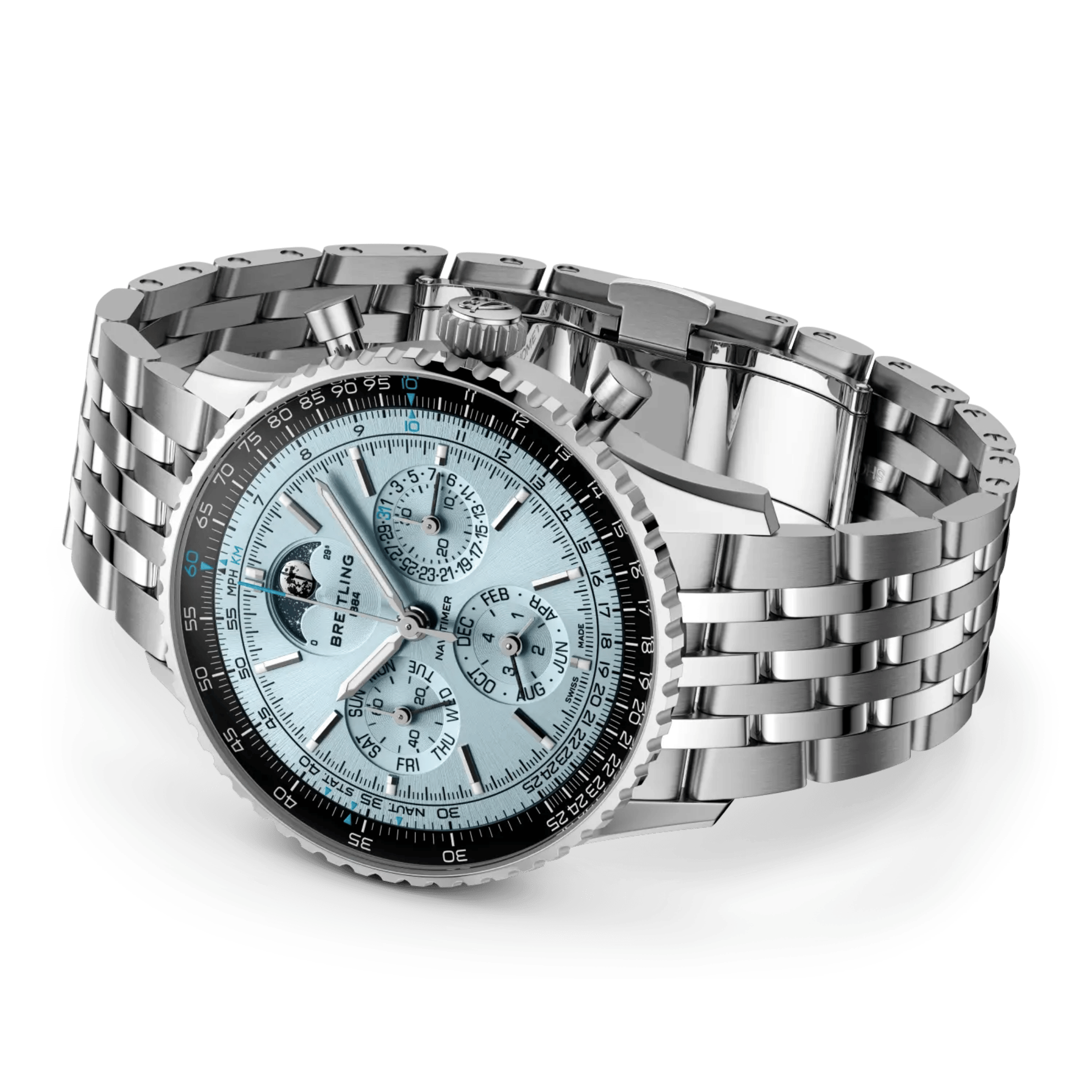 Breitling Navitimer B19 Chronograph 43 Perpetual Calendar automatic ice blue dial steel bracelet 43 mm