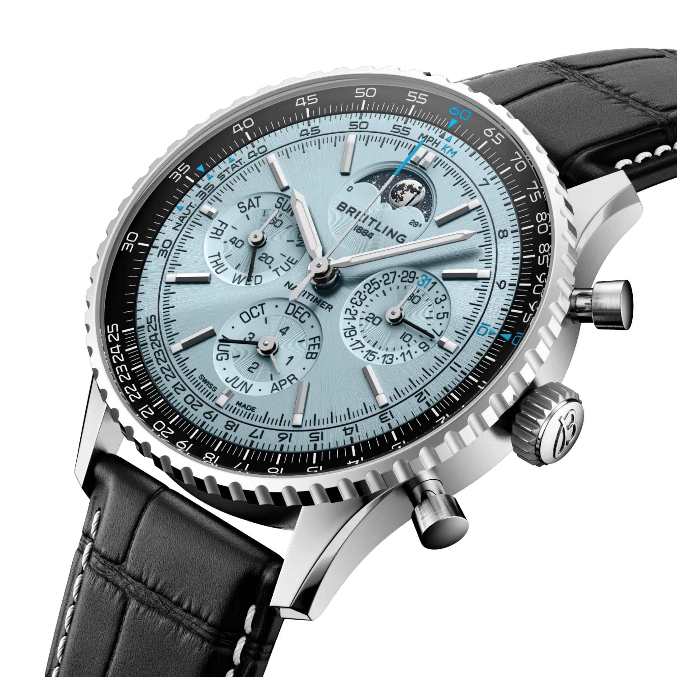Breitling Navitimer B19 Chronograph 43 Perpetual Calendar automatic ice blue dial leather strap 43 mm