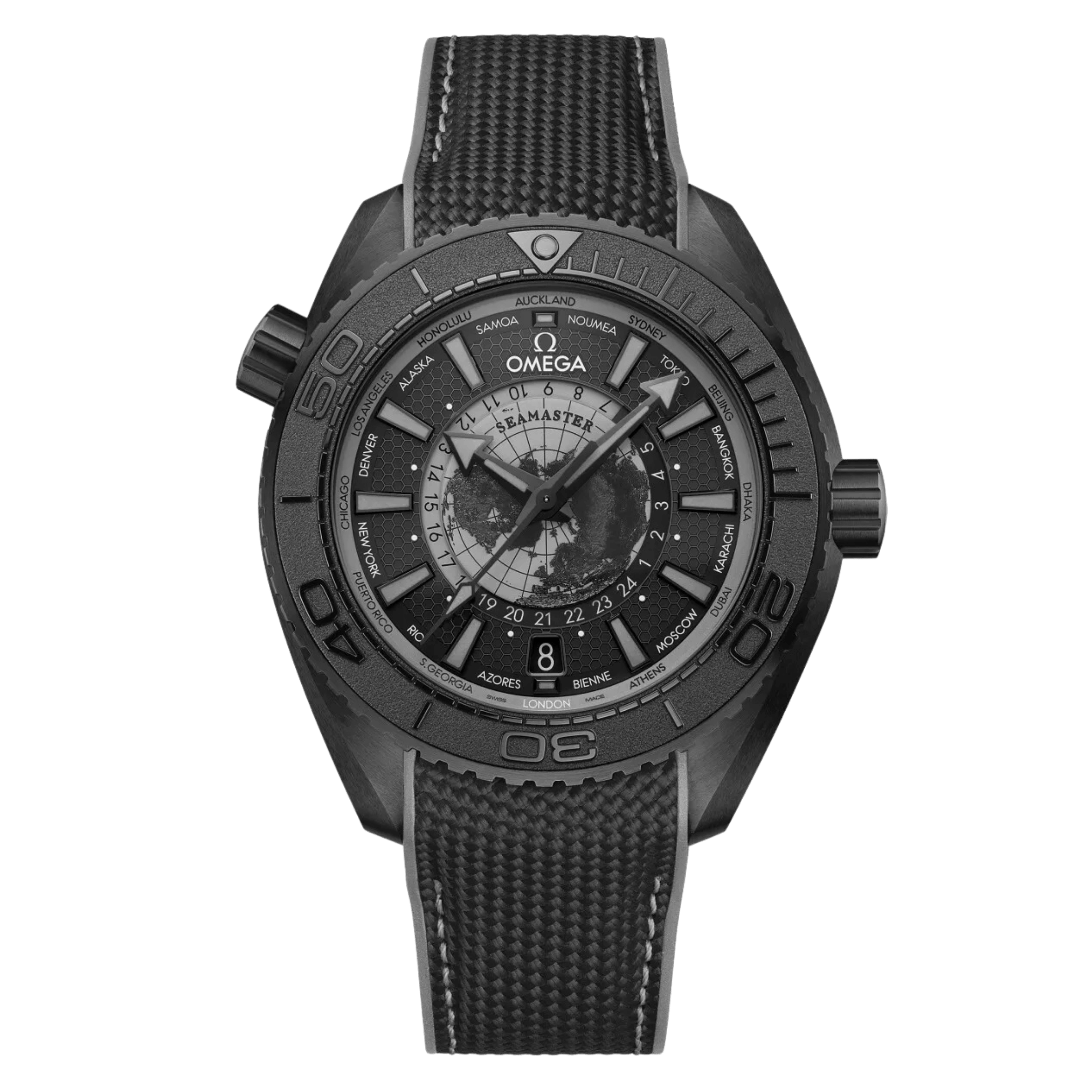 Montre Omega Seamaster Planet Ocean 600M Worldtimer céramique noire cadran noir bracelet caoutchouc 45,5 mm
