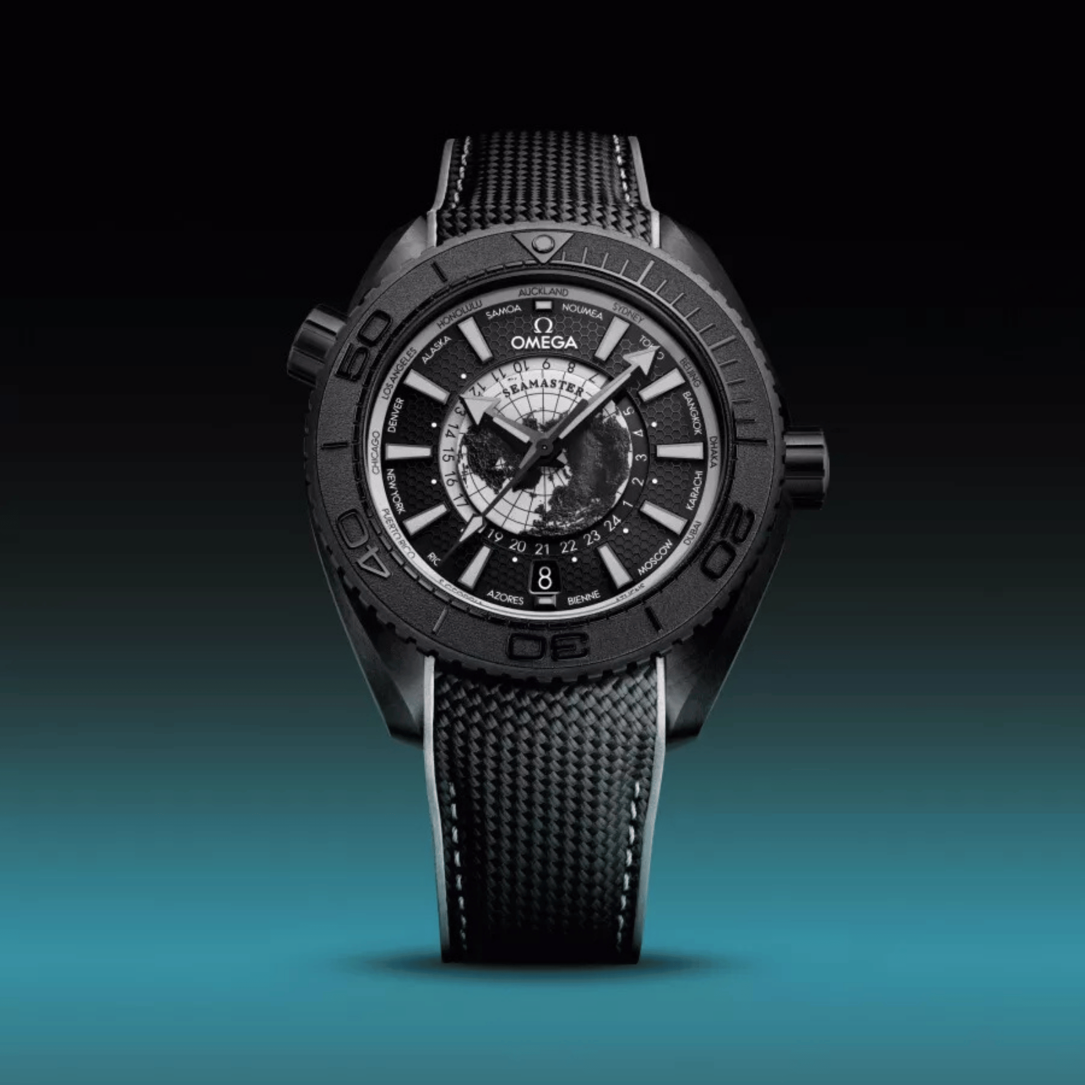 Omega Seamaster Planet Ocean 600M Worldtimer black ceramic black dial rubber strap 45,5 mm
