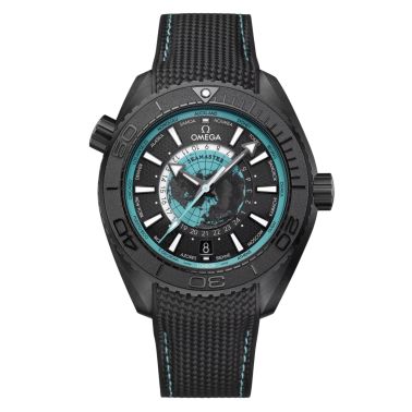 Omega Seamaster Planet Ocean 600M Worldtimer black ceramic turquoise dial rubber strap 45,5 mm