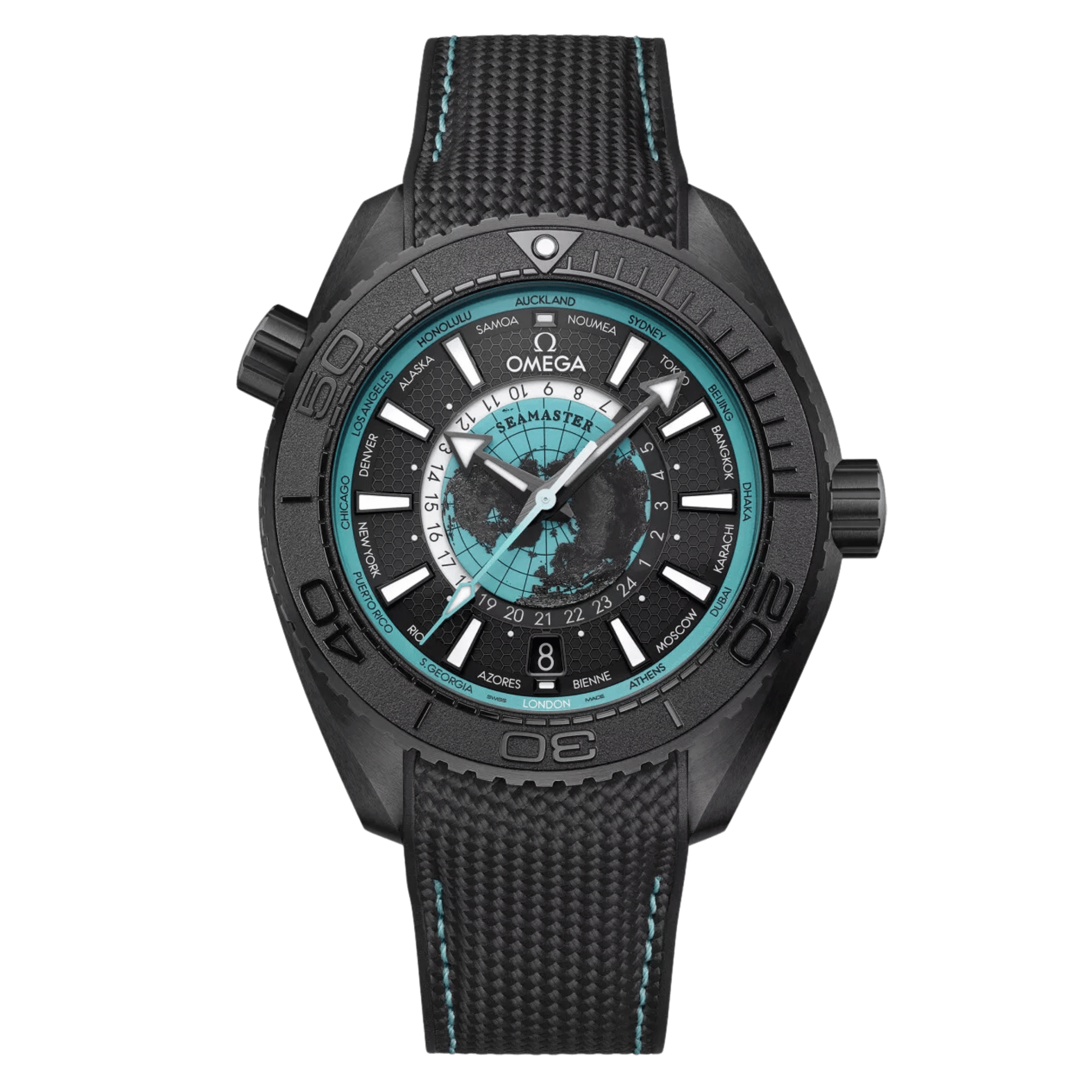 Montre Omega Seamaster Planet Ocean 600M Worldtimer céramique noire cadran turquoise bracelet caoutchouc 45,5 mm