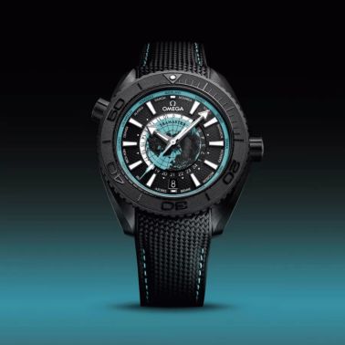 Omega Seamaster Planet Ocean 600M Worldtimer black ceramic turquoise dial rubber strap 45,5 mm