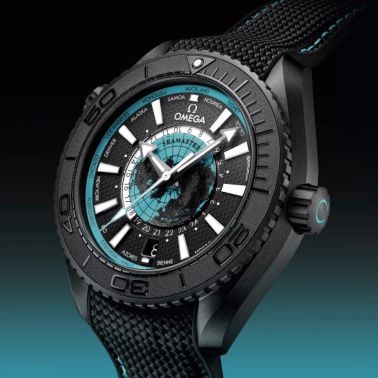 Montre Omega Seamaster Planet Ocean 600M Worldtimer céramique noire cadran turquoise bracelet caoutchouc 45,5 mm