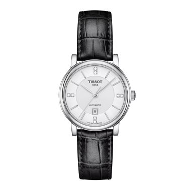 Montre Tissot T-Classic Carson Premium Lady automatique cadran blanc diamants bracelet cuir 30 mm