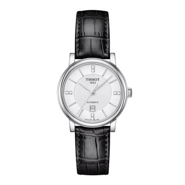 Montre Tissot T-Classic Carson Premium Lady automatique cadran blanc diamants bracelet cuir 30 mm