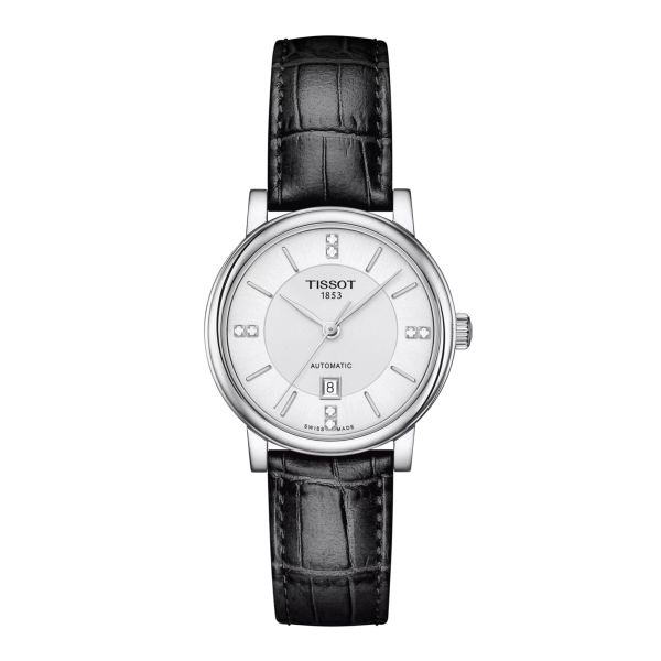 Tissot T-Classic Carson Premium Lady automatic white dial diamonds leather strap 30 mm