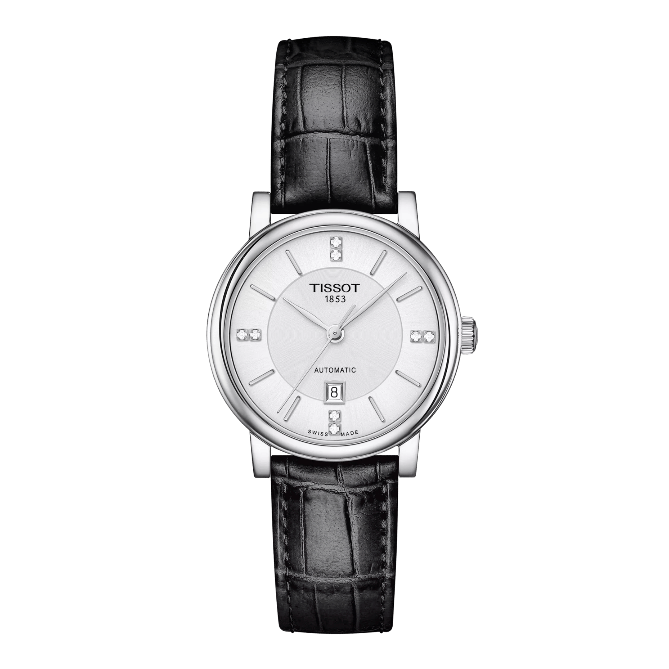 Tissot T-Classic Carson Premium Lady automatic white dial diamonds leather strap 30 mm