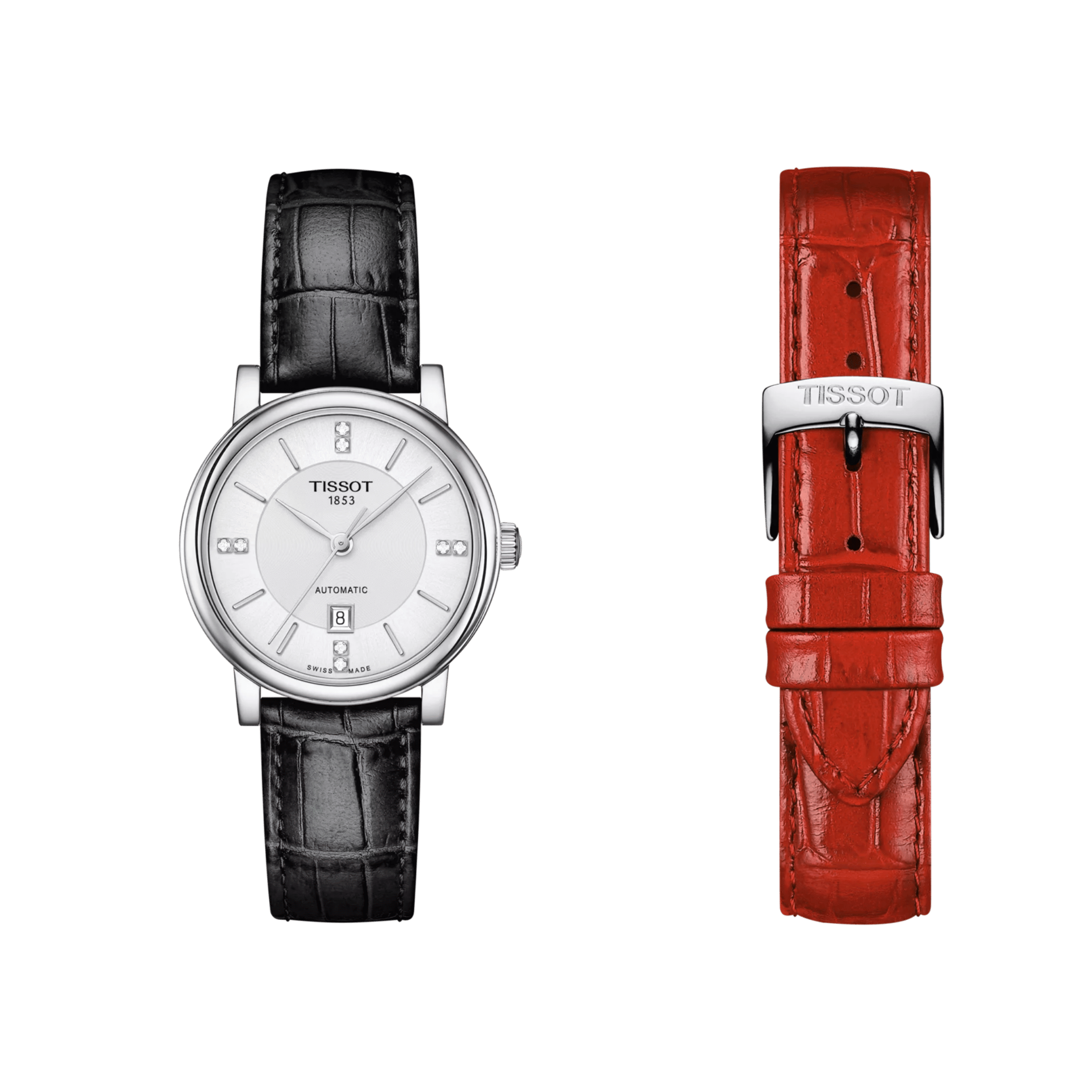Tissot T-Classic Carson Premium Lady automatic white dial diamonds leather strap 30 mm