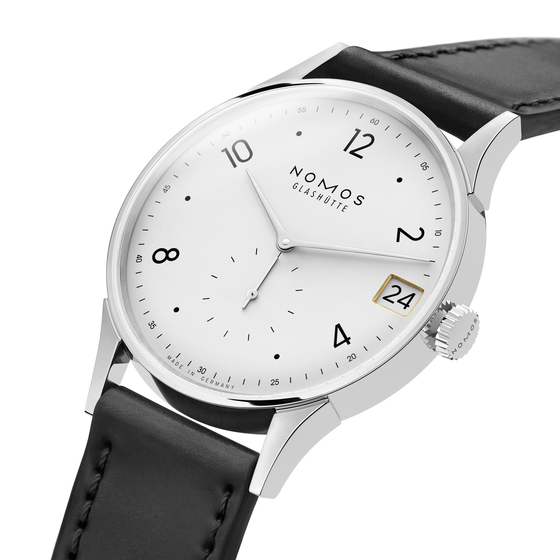Montre NOMOS Minimatik 39 Date automatique cadran blanc argenté automatique bracelet cuir 39 mm