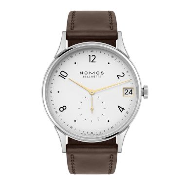 Montre NOMOS Minimatik 39 Date Gold automatique cadran blanc argenté automatique bracelet cuir 39 mm