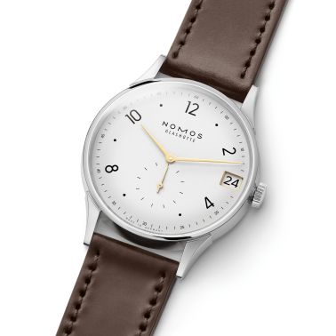 Montre NOMOS Minimatik 39 Date Gold automatique cadran blanc argenté automatique bracelet cuir 39 mm
