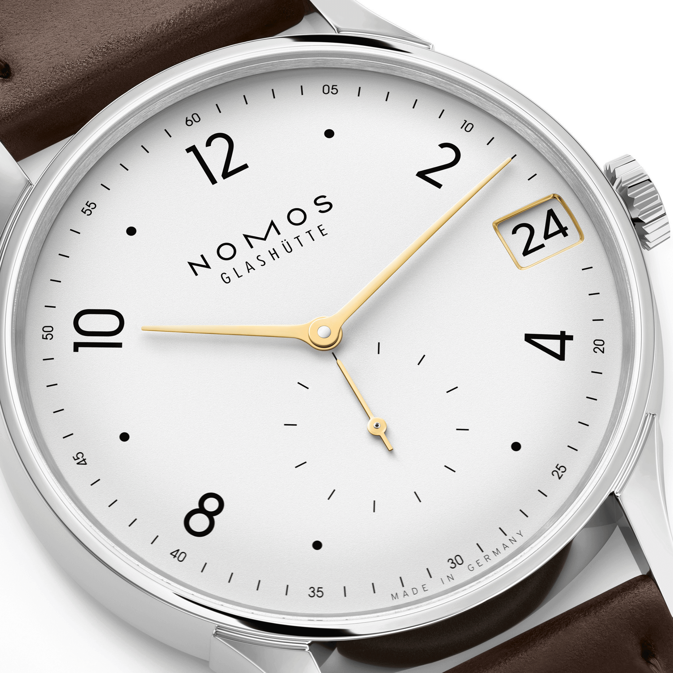 Montre NOMOS Minimatik 39 Date Gold automatique cadran blanc argenté automatique bracelet cuir 39 mm