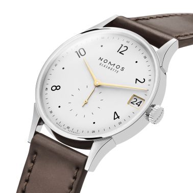 Montre NOMOS Minimatik 39 Date Gold automatique cadran blanc argenté automatique bracelet cuir 39 mm
