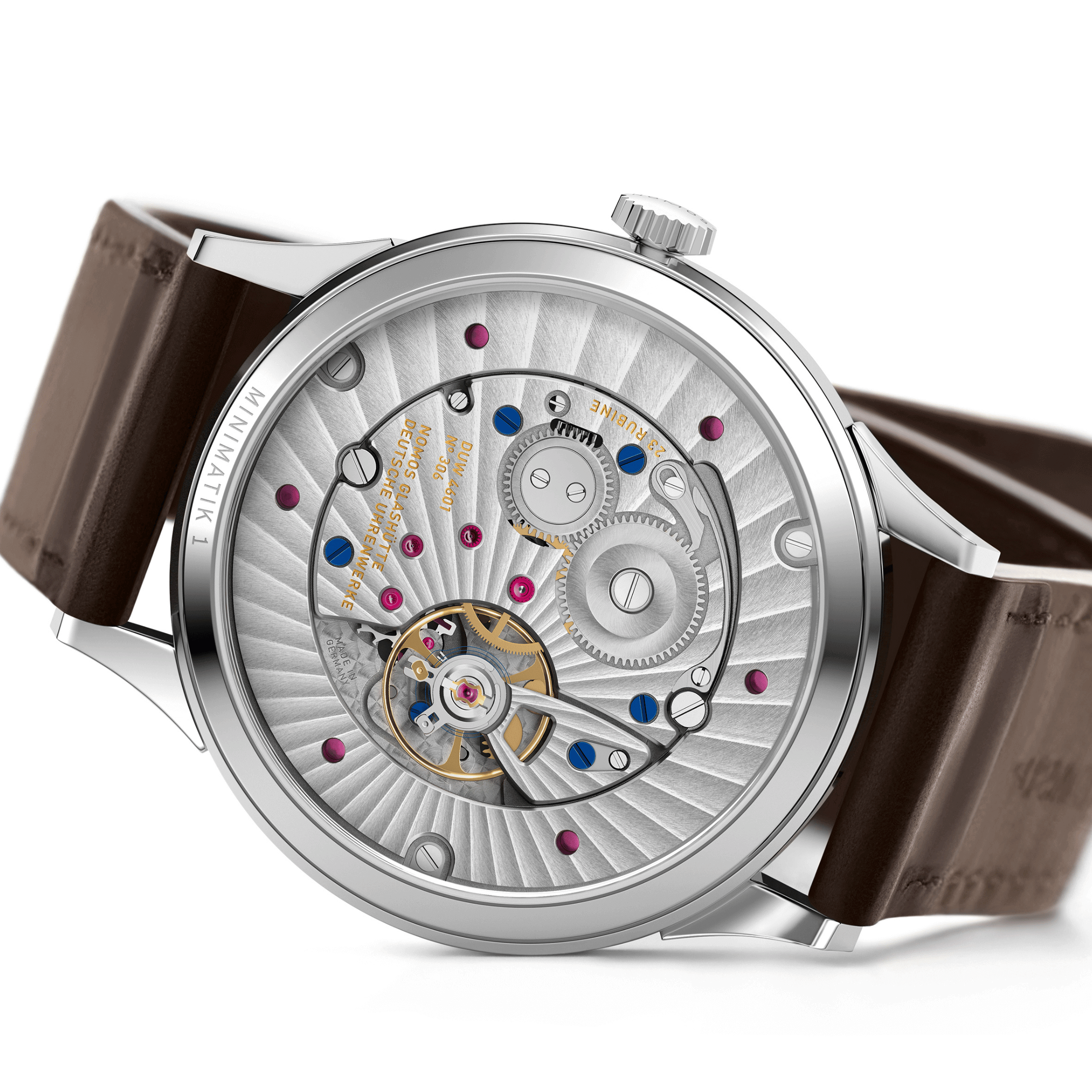 Montre NOMOS Minimatik 39 Date Gold automatique cadran blanc argenté automatique bracelet cuir 39 mm