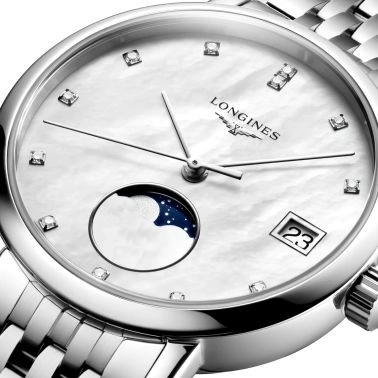 Montre Longines Elegant collection Phase de Lune quartz cadran blanc bracelet acier 30 mm L4.330.4.87.6