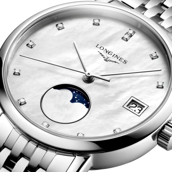 Montre Longines Elegant collection Phase de Lune quartz cadran blanc bracelet acier 30 mm L4.330.4.87.6