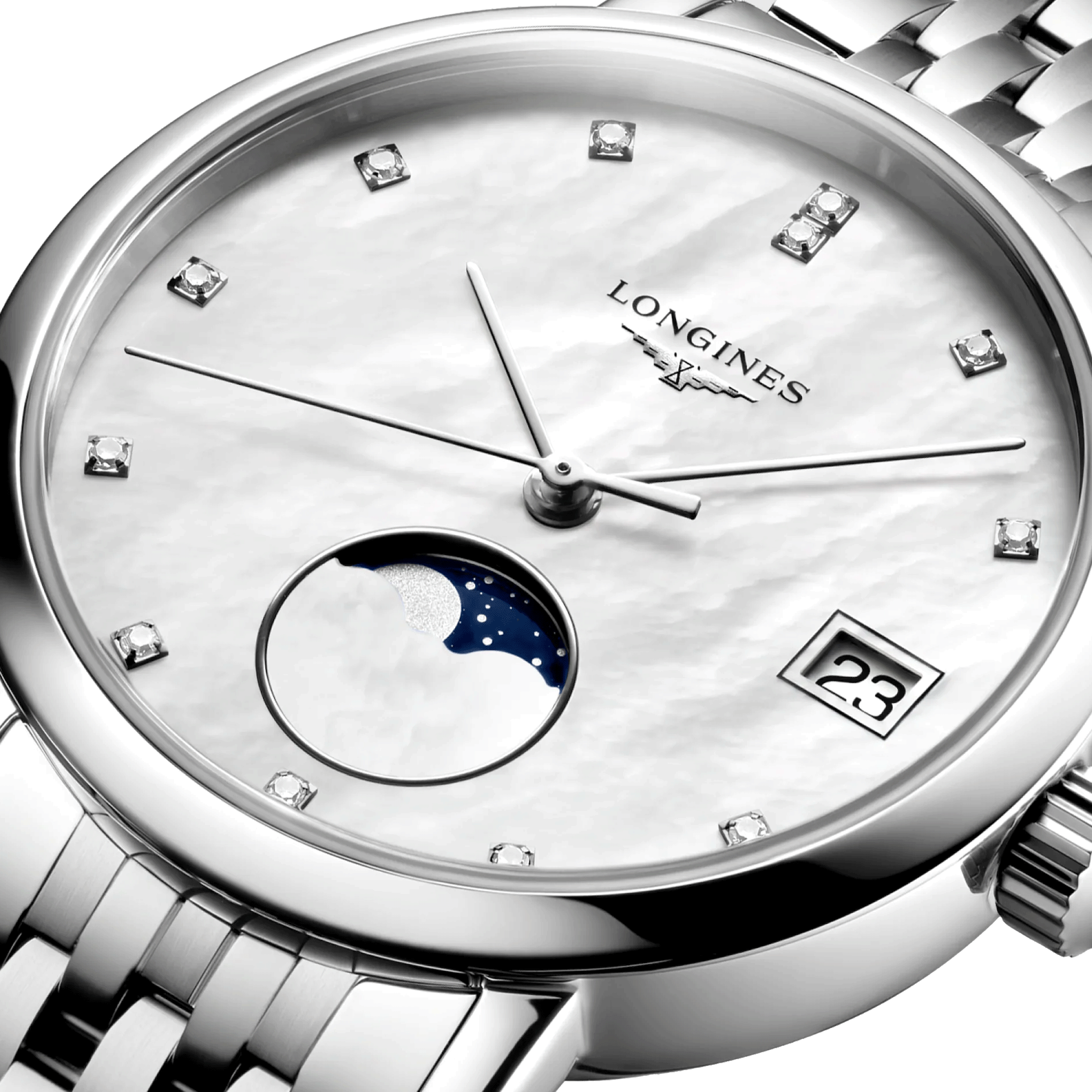 Montre Longines Elegant collection Phase de Lune quartz cadran blanc bracelet acier 30 mm L4.330.4.87.6