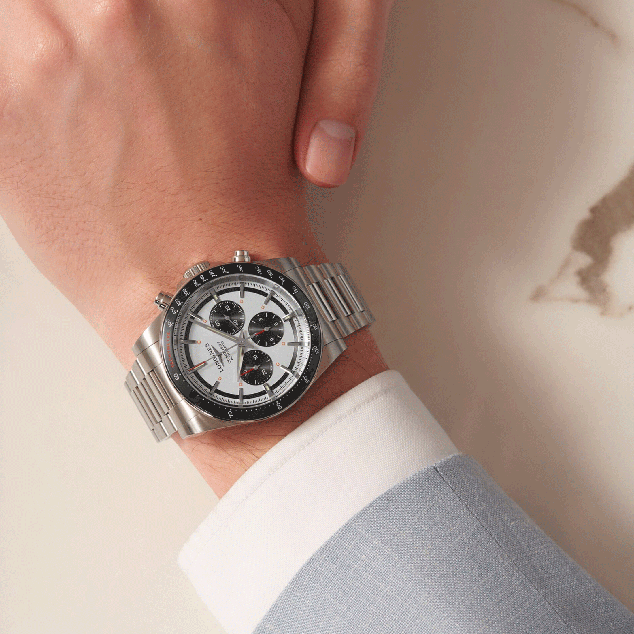 Longines Conquest Chronograph 2023 automatic watch silver dial steel bracelet 42 mm