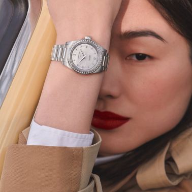 Longines Conquest 2023 automatic watch diamond index bezel set white mother-of-pearl dial steel bracelet 34 mm