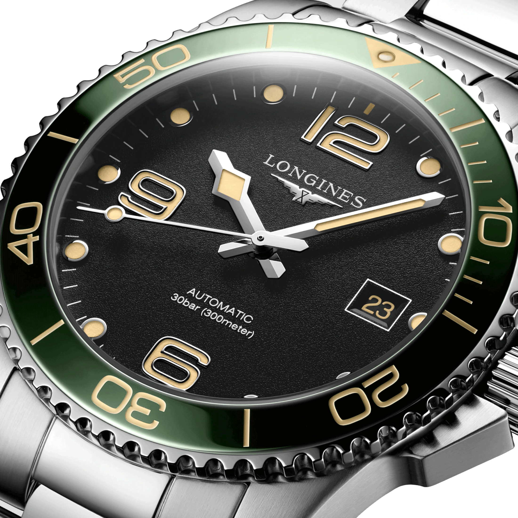Montre Longines Hydroconquest automatique lunette verte cadran noir bracelet acier 41 mm L3.781.4.05.6