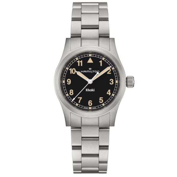 Montre Hamilton Khaki Field quartz cadran noir et radium bracelet acier 38 mm