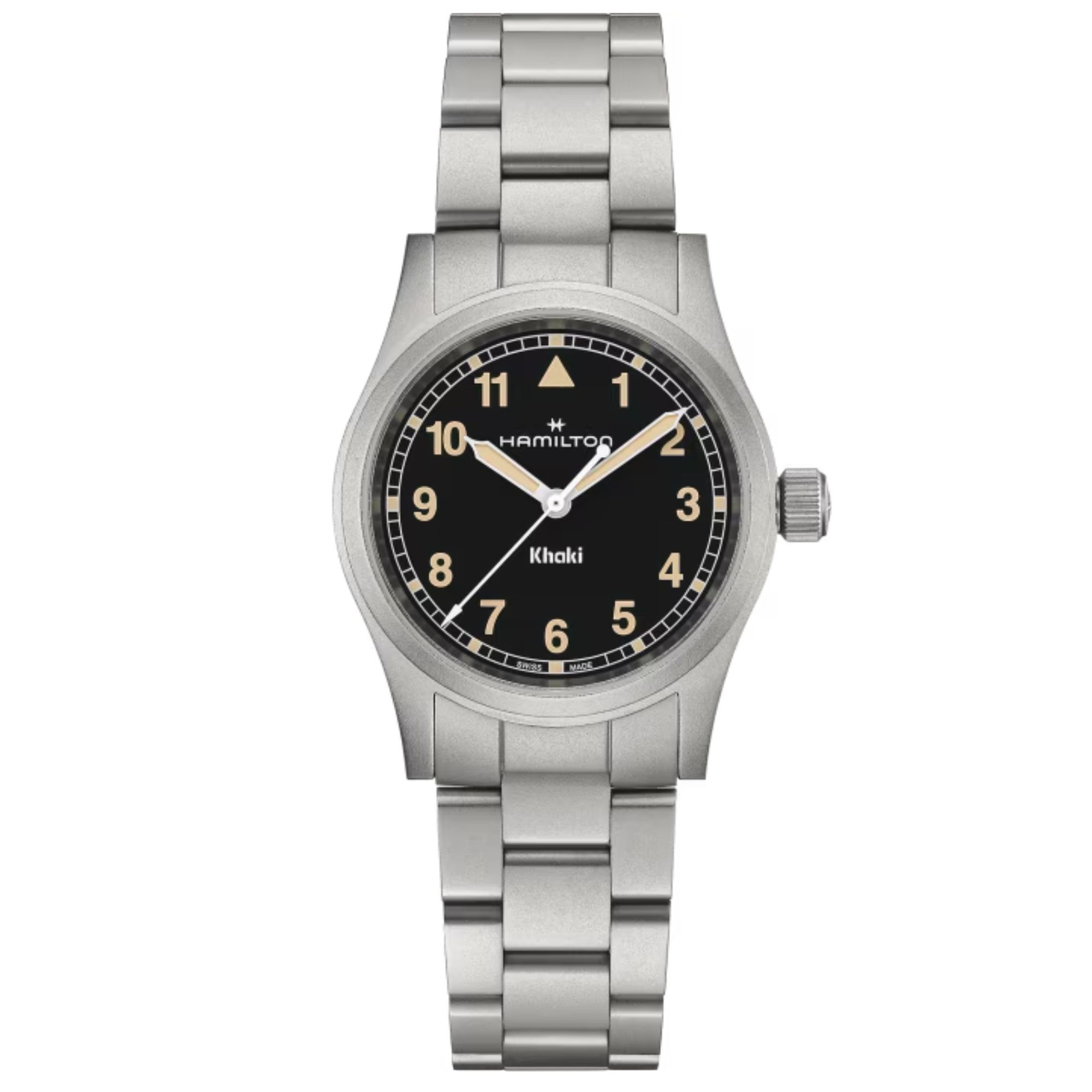 copy ofHamilton Khaki Field quartz watch, black dial and radium, 38 mm steel bracelet