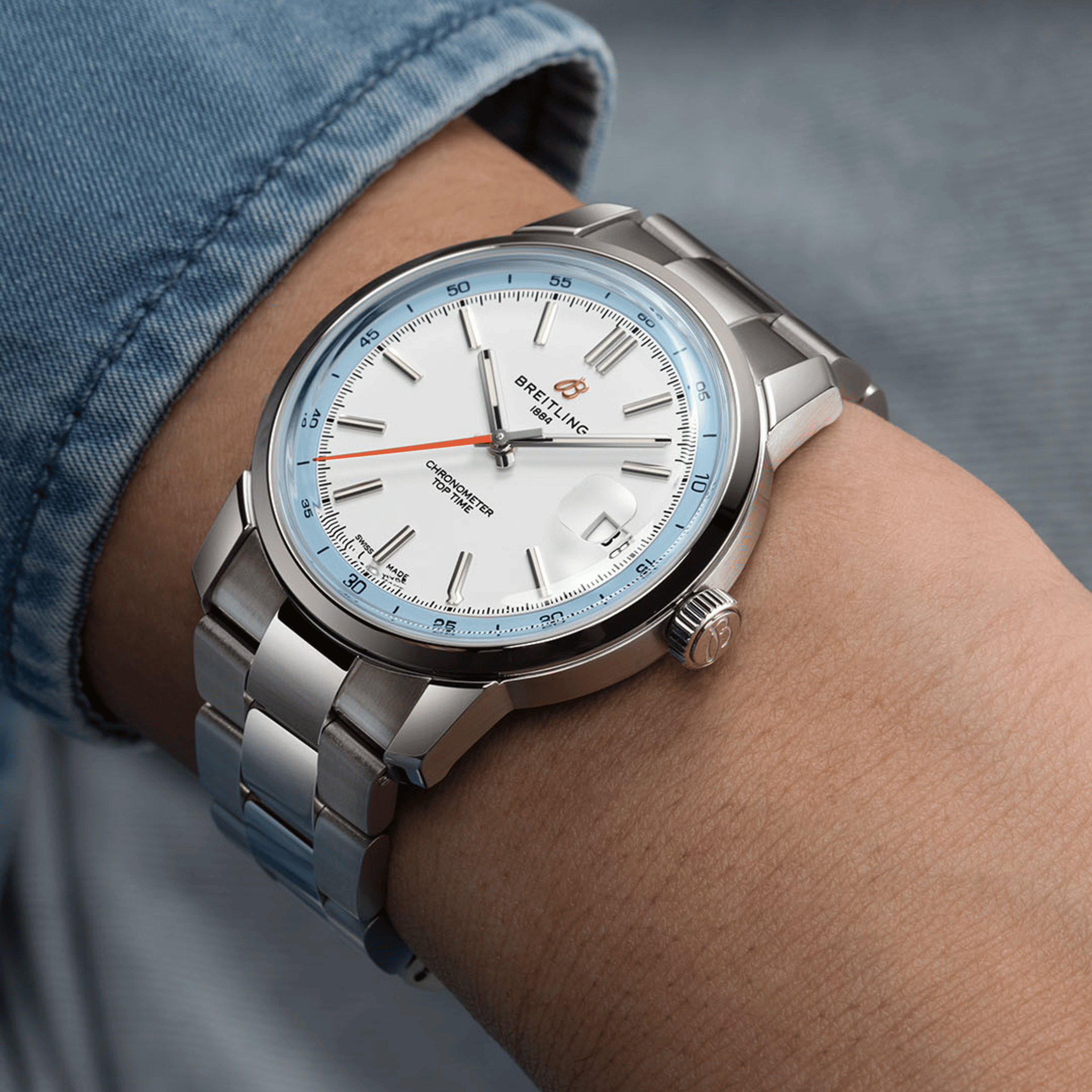 Breitling Top Time B31 automatic white dial steel bracelet 38 mm