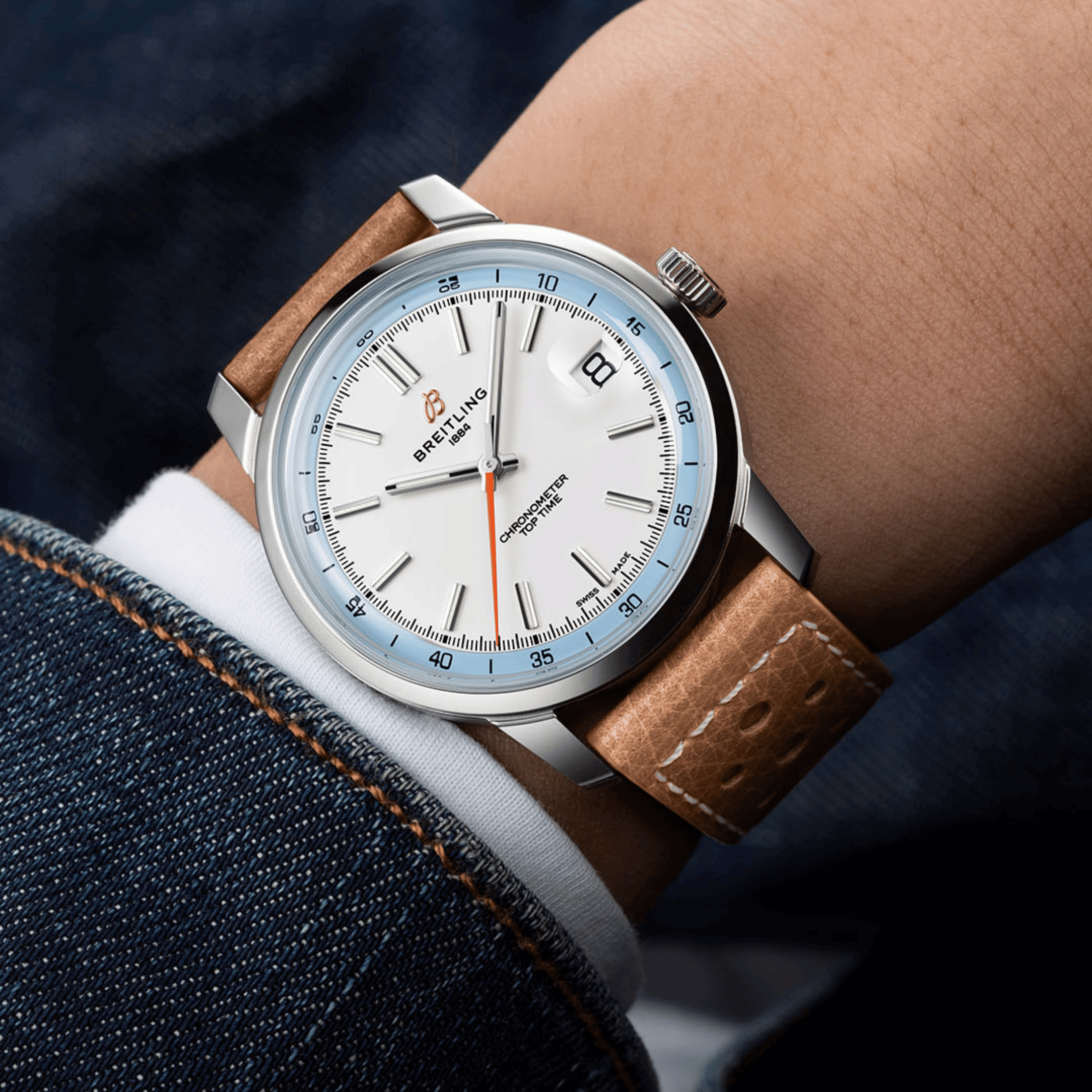 Breitling Top Time B31 automatic white dial leather strap 38 mm