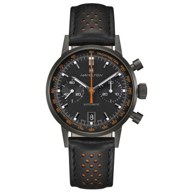 Montre Hamilton Intra-Matic automatique chronographe cadran noir bracelet cuir noir et orange 40 mm