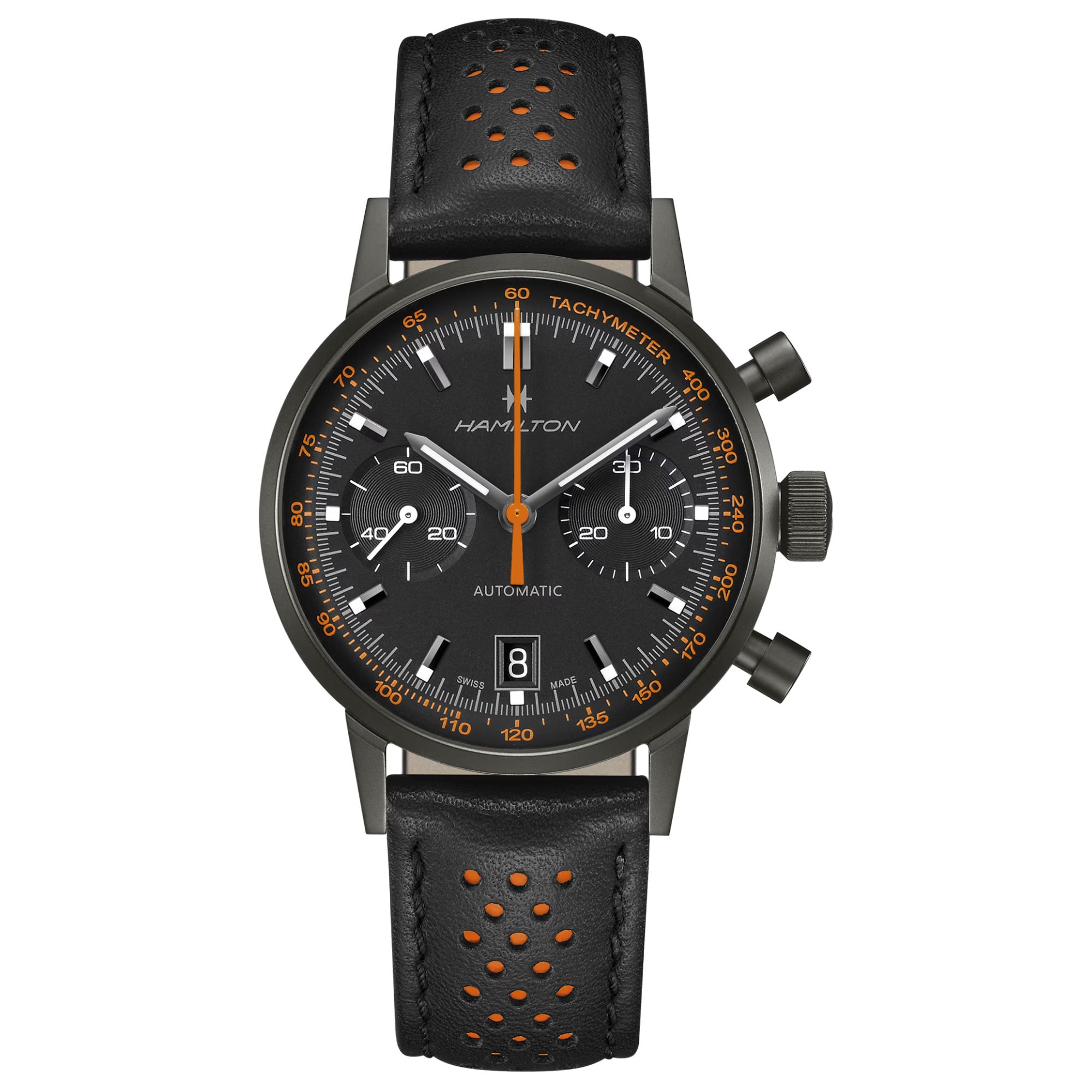 Hamilton watch, automatic Intra-Matic chronograph, black dial, black and orange leather strap, 40 mm