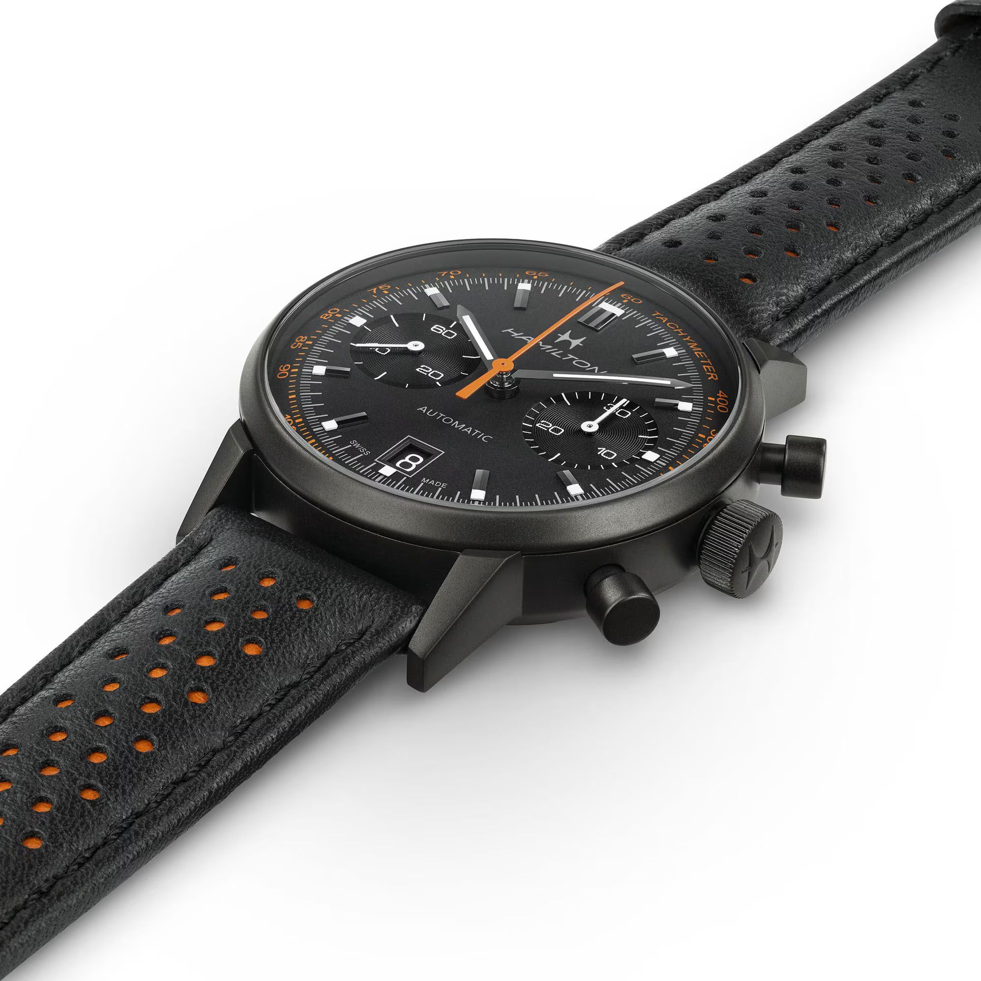Hamilton watch, automatic Intra-Matic chronograph, black dial, black and orange leather strap, 40 mm