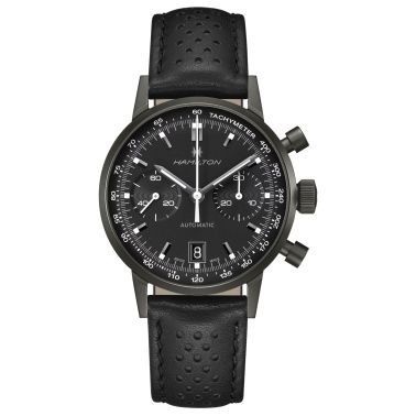 Montre Hamilton Intra-Matic automatique chronographe cadran noir bracelet cuir noir et blanc 40 mm