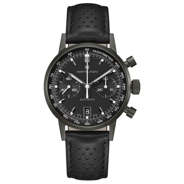 Hamilton watch, automatic Intra-Matic chronograph, black dial, black and white leather strap, 40 mm