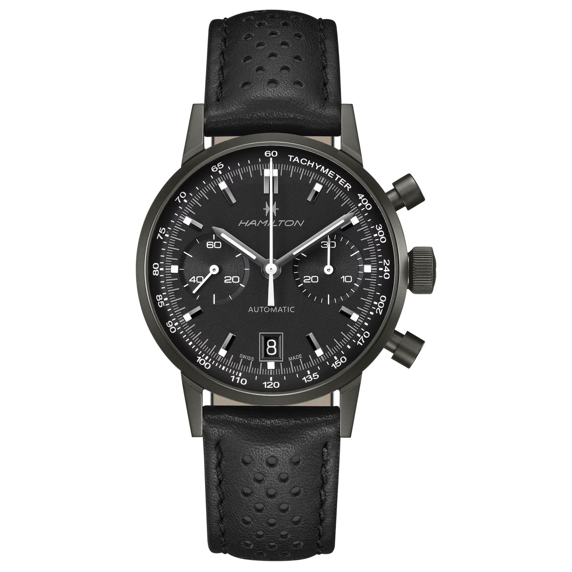 Montre Hamilton Intra-Matic automatique chronographe cadran noir bracelet cuir noir et blanc 40 mm