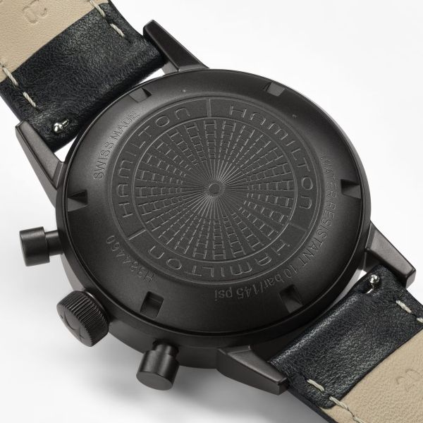 Montre Hamilton Intra-Matic automatique chronographe cadran noir bracelet cuir noir et blanc 40 mm