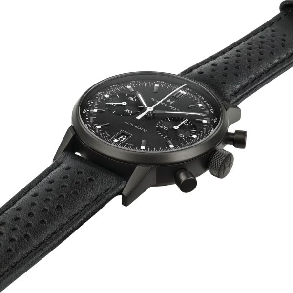Hamilton watch, automatic Intra-Matic chronograph, black dial, black and white leather strap, 40 mm