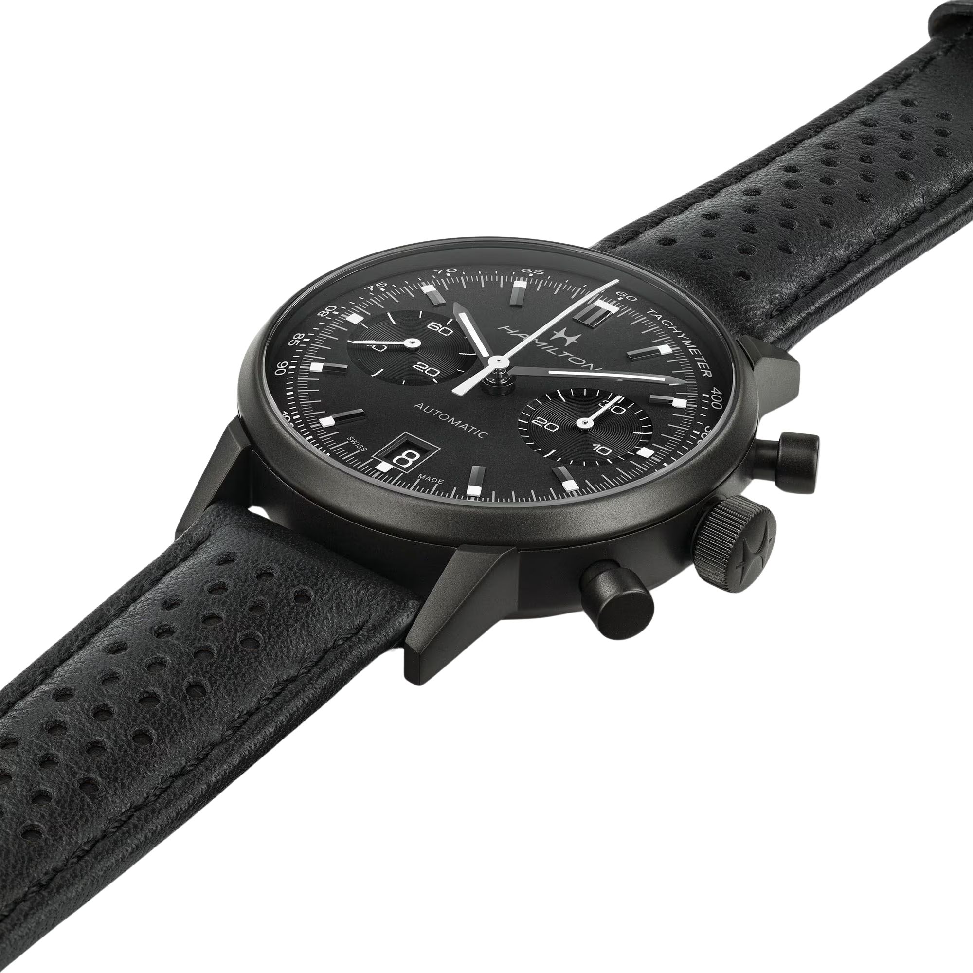 Hamilton watch, automatic Intra-Matic chronograph, black dial, black and white leather strap, 40 mm