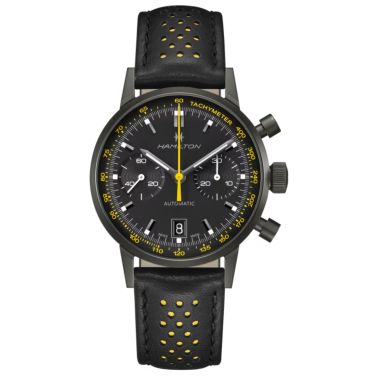 Hamilton watch, automatic Intra-Matic chronograph, black dial, black and yellow leather strap, 40 mm