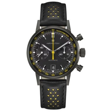 Montre Hamilton Intra-Matic automatique chronographe cadran noir bracelet cuir noir et jaune 40 mm