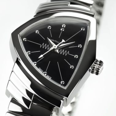 Hamilton Ventura Small watch, black dial, flex steel strap