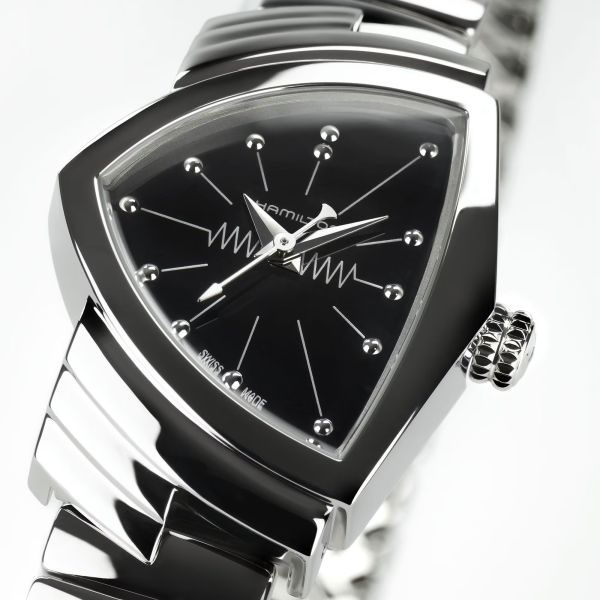 Hamilton Ventura Small watch, black dial, flex steel strap
