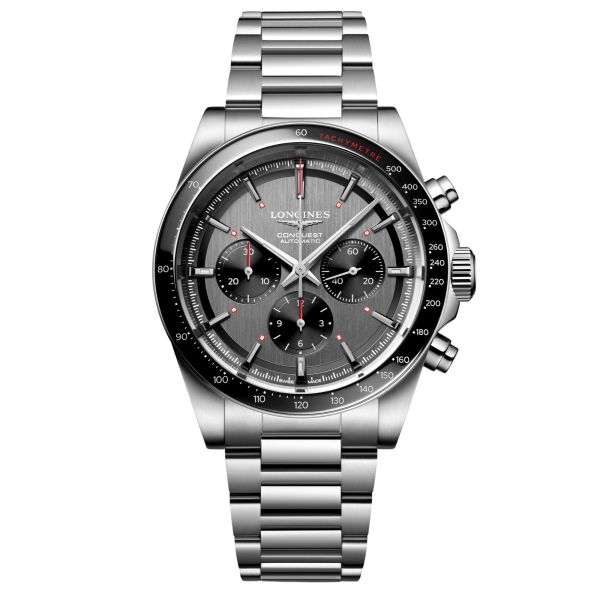 Montre Longines Conquest Chronographe auto Ski Edition cadran anthracite bracelets acier et caoutchouc noir 42 mm
