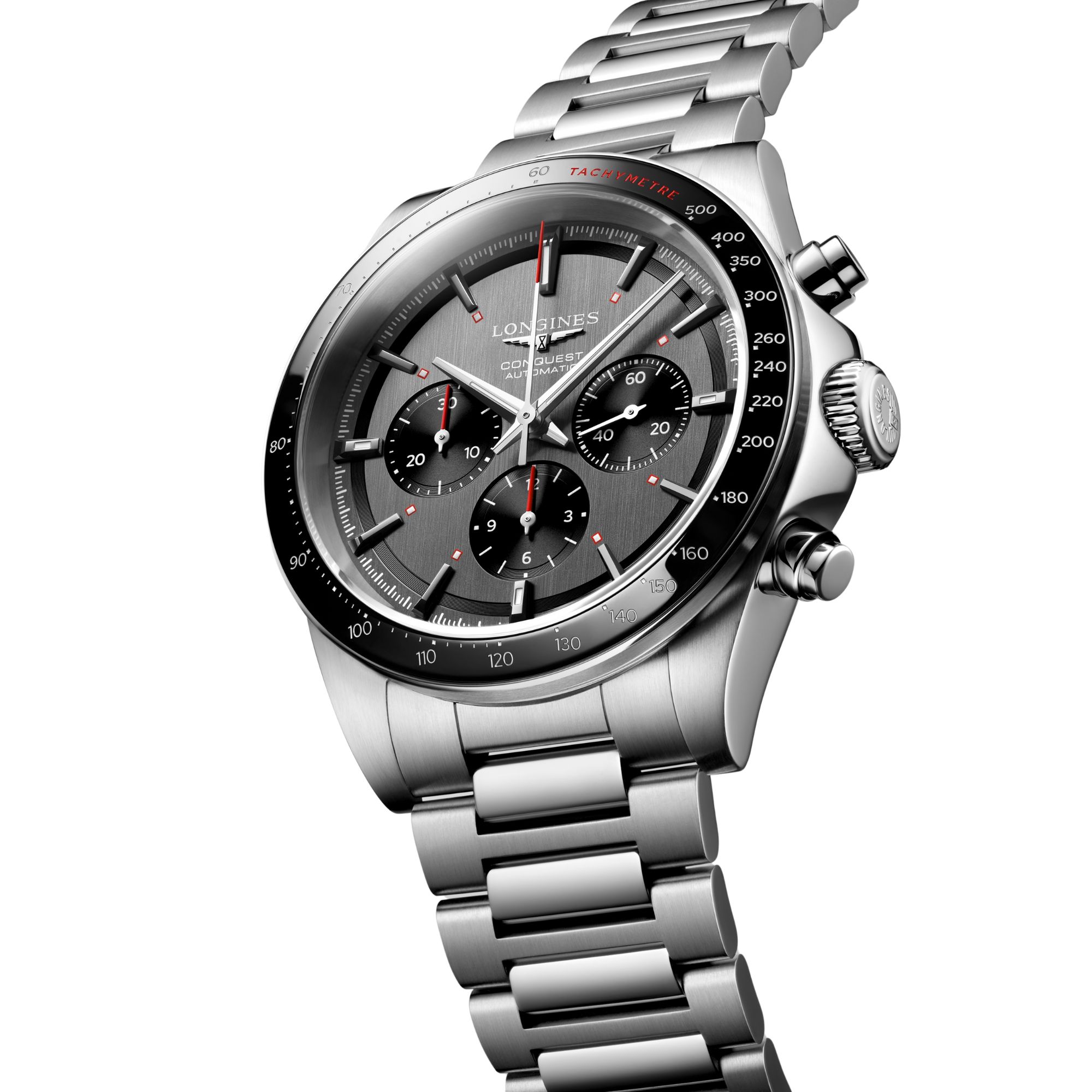 Longines Conquest Chronograph auto Ski Edition, anthracite dial, 42 mm steel bracelet