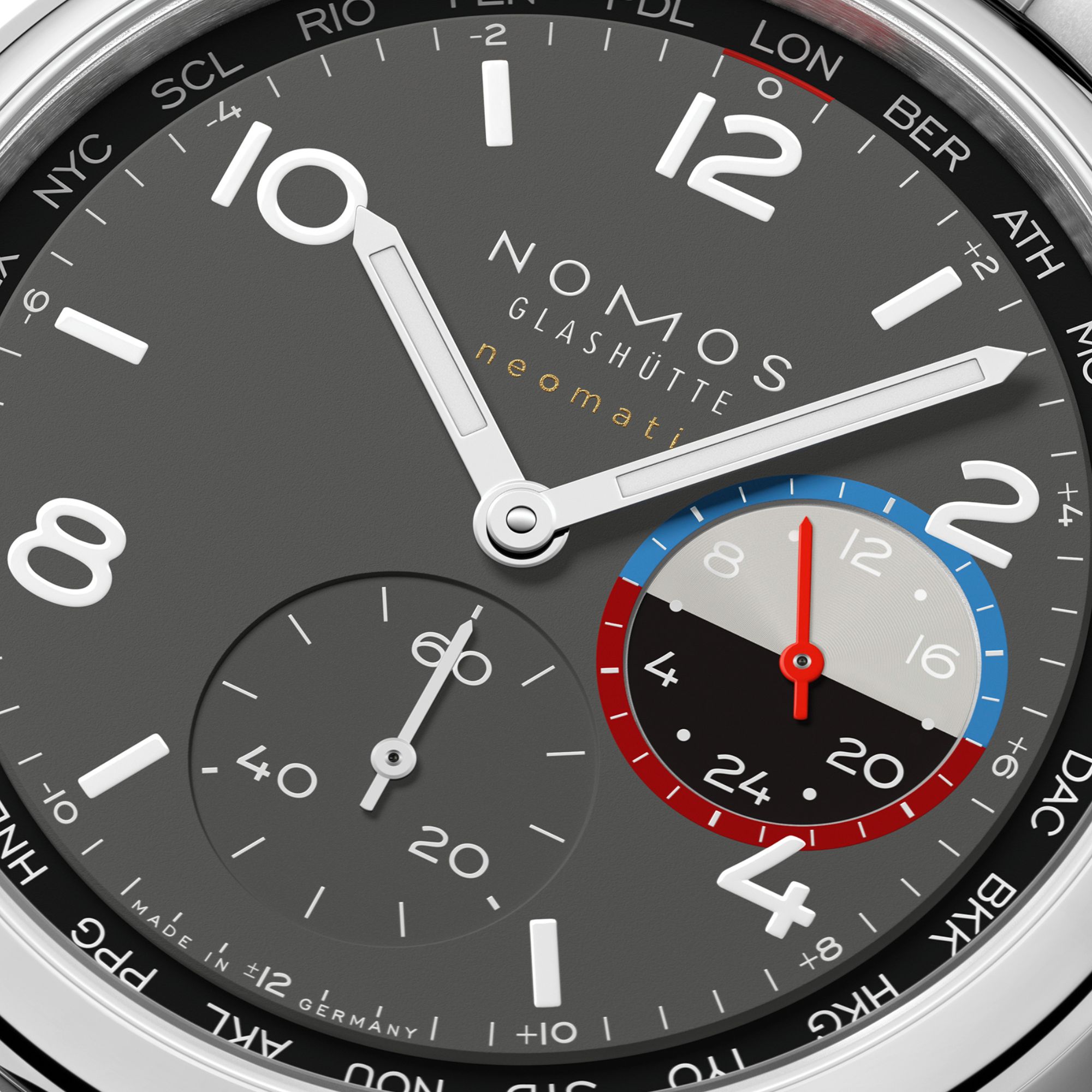 Montre Nomos Club Sport Neomatik Worldtimer Volcano sapphire back - Limited edition 40 mm steel bracelet